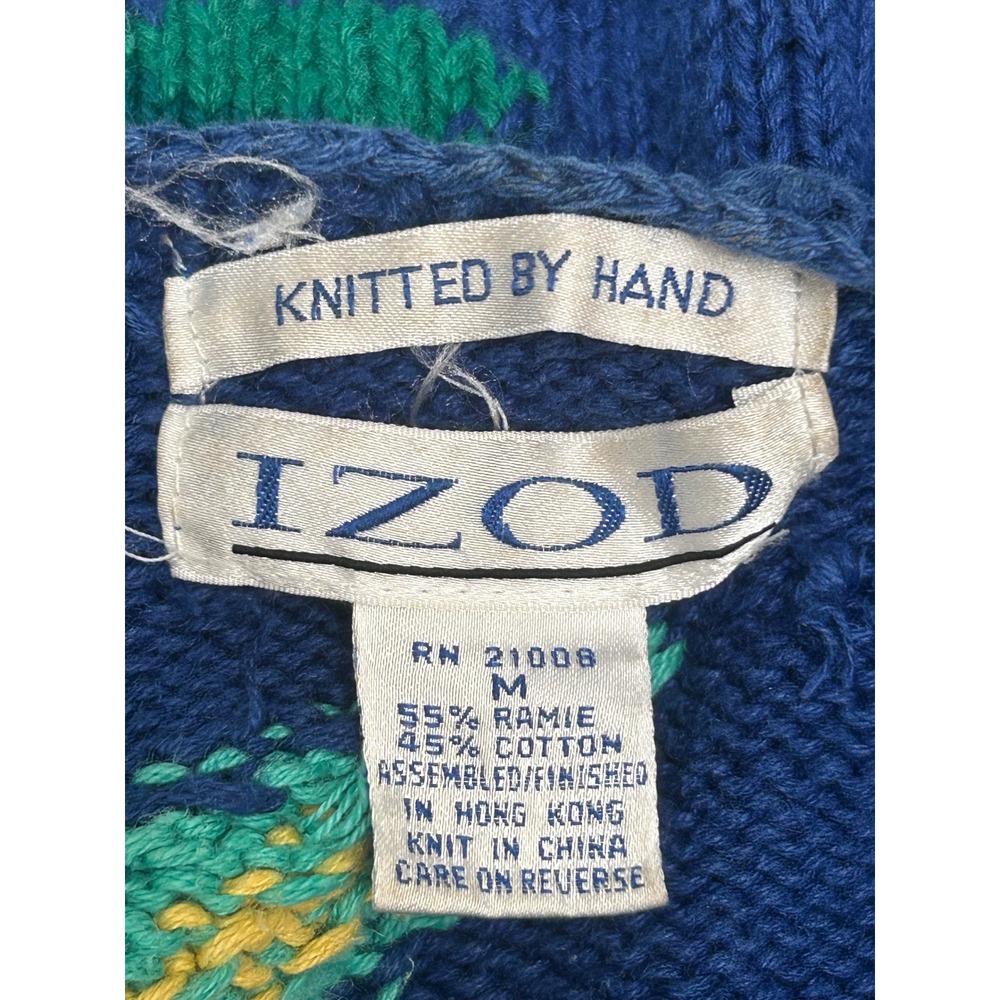 Izod Vintage Hand Knit Floral Cardigan Sweater Blue Ramie Cotton Womens Medium - Picture 6 of 7